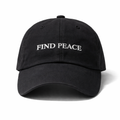 Black cap with 'FIND PEACE' text on a white background