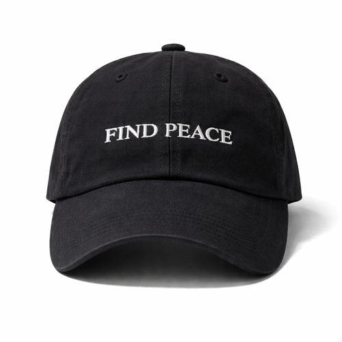 Black cap with 'FIND PEACE' text on a white background