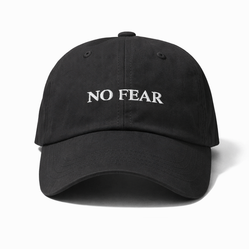 Black cap with 'NO FEAR' text on a white background